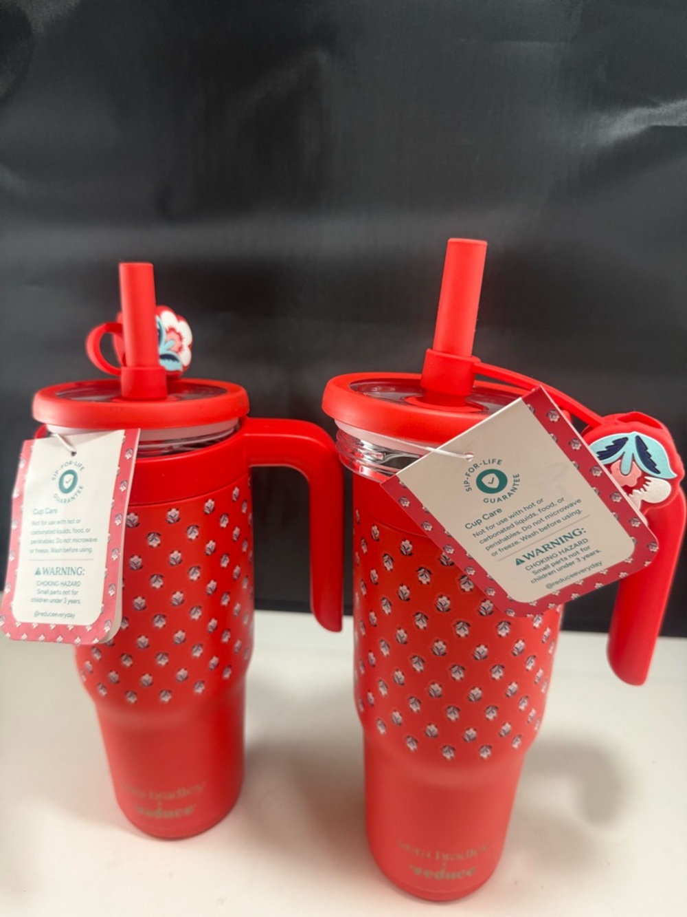 24 oz Vera Bradley Red Floral Patterned Travel Mug Flower Straw Stopper set of 2 - Picture 7 of 11